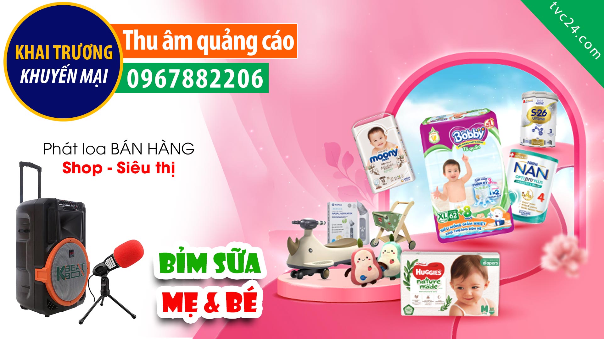 Thu âm quảng cáo khai truong khuyến mai Thế Giới Sữa Bỉm Đại Dương