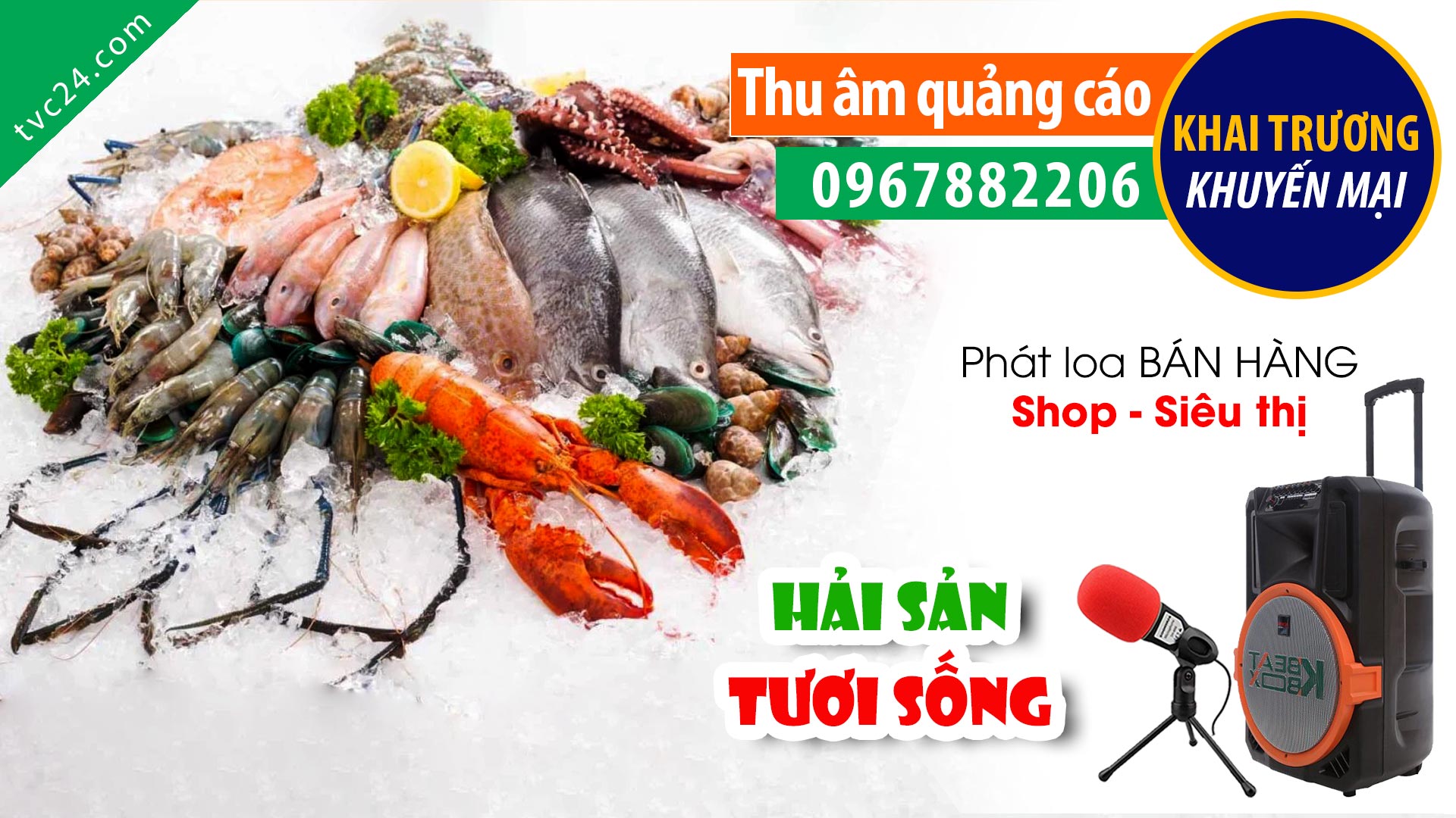 Thu âm Quảng cáo Khai trương cửa hàng hải sản Nguyễn Hoàn TVC24 đọc khuyến mại giảm giá