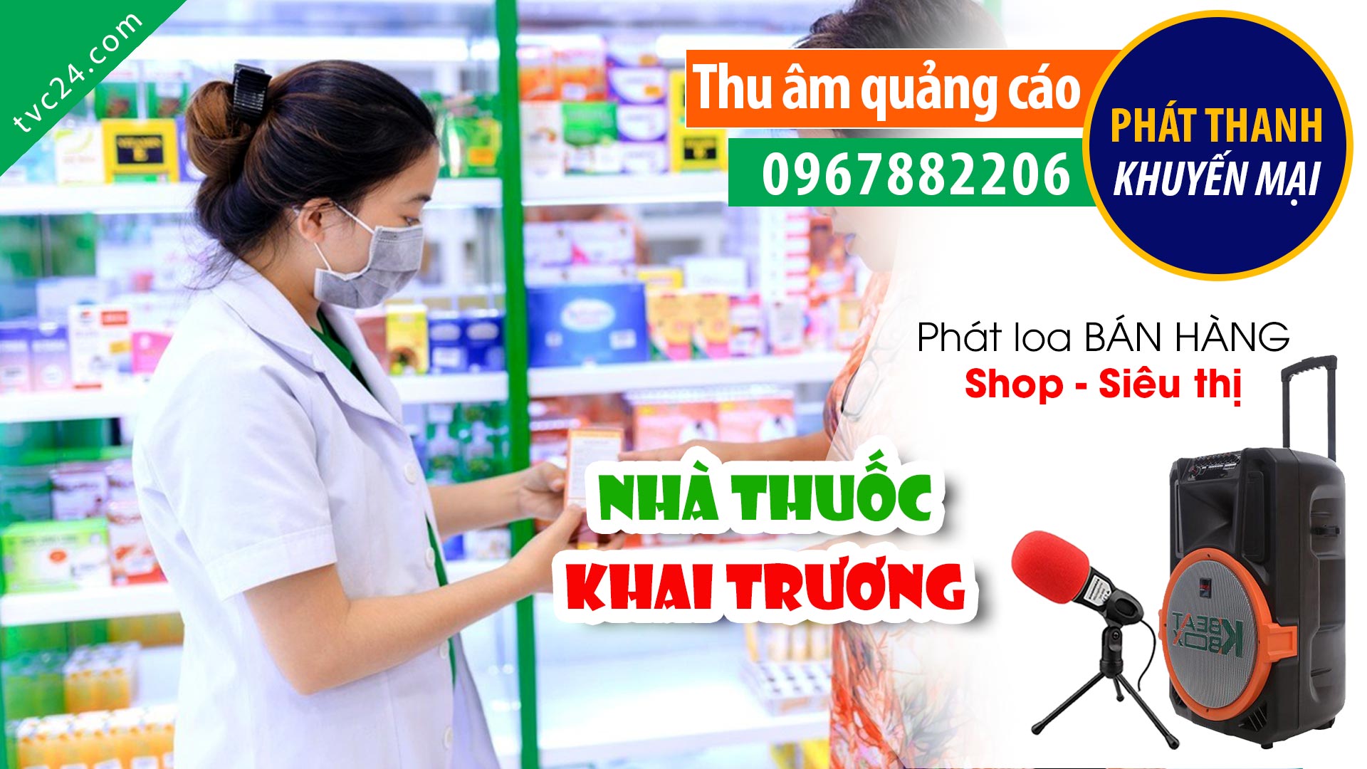 Thu âm Quảng cáo khai trương Nhà thuốc Hồng Hoa MC đọc khuyến mại giảm giá bán hàng