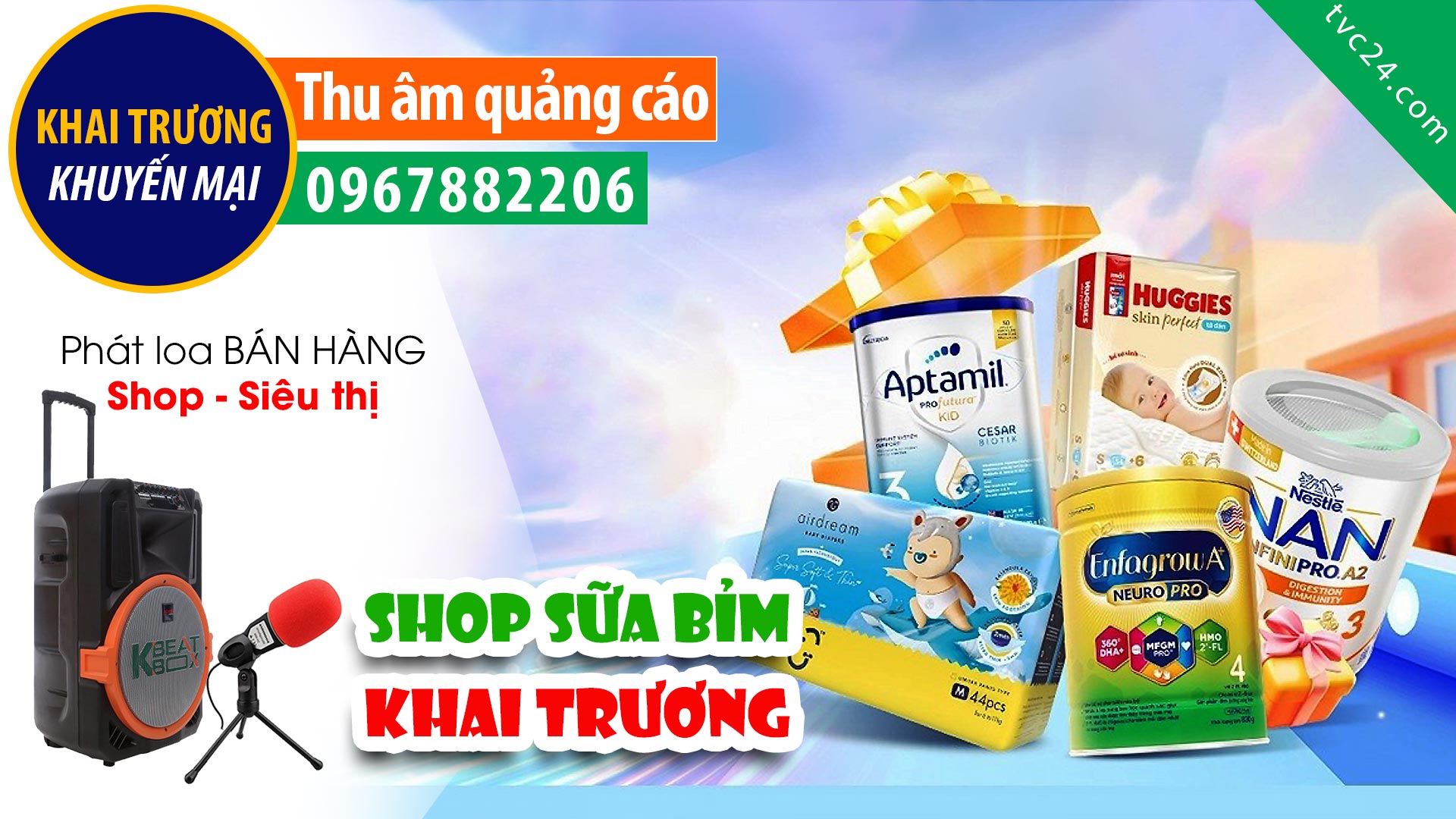 Thu âm Quảng cáo KHAI TRƯƠNG siêu thị sữa Thanh Hậu MC đọc khuyến mại bán hàng