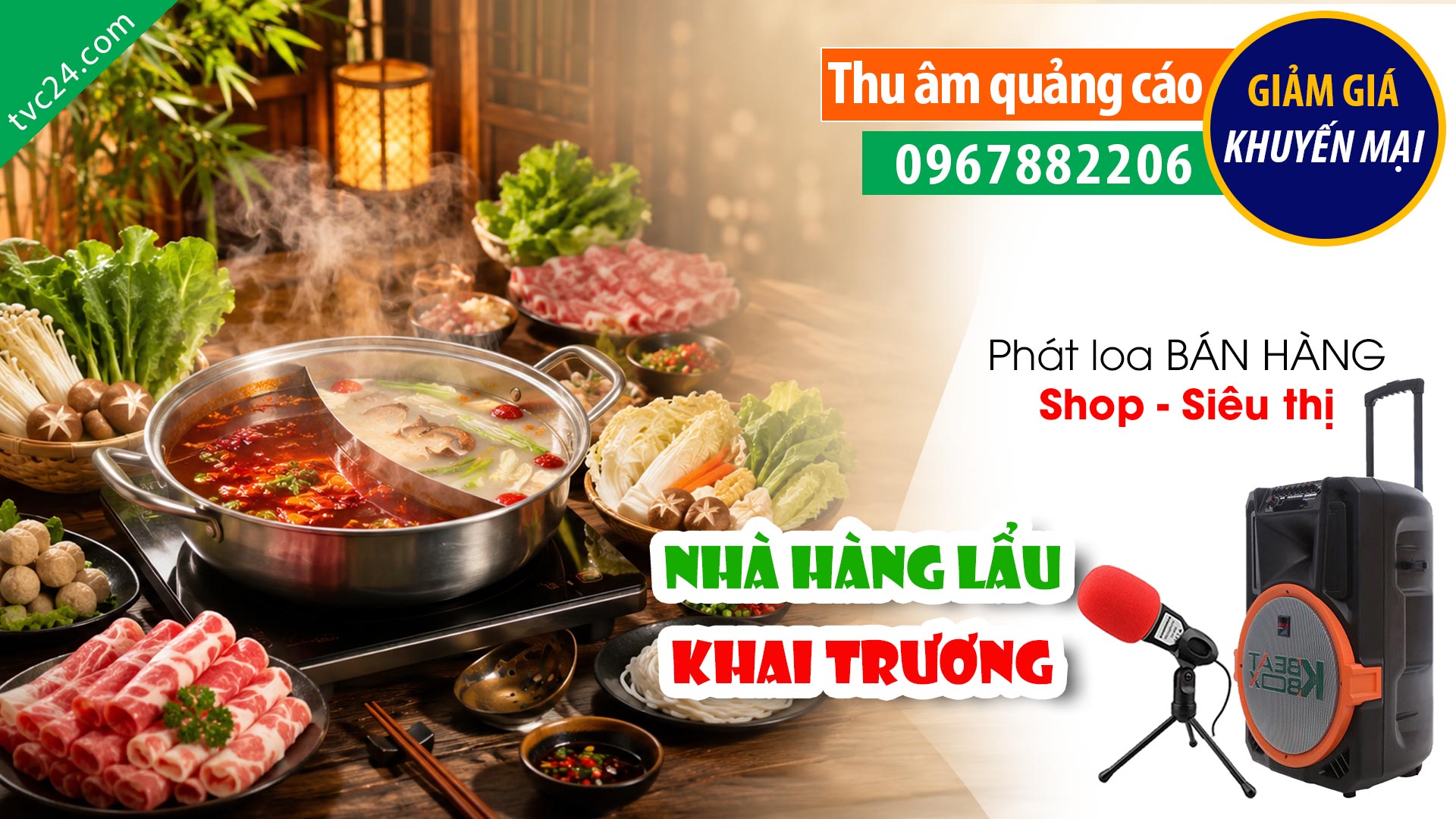 Thu âm Quảng cáo khai trương Nhà hàng lẩu Vũ Hưởng TVC24 đọc khuyến mại giảm giá tri ân khách hàng