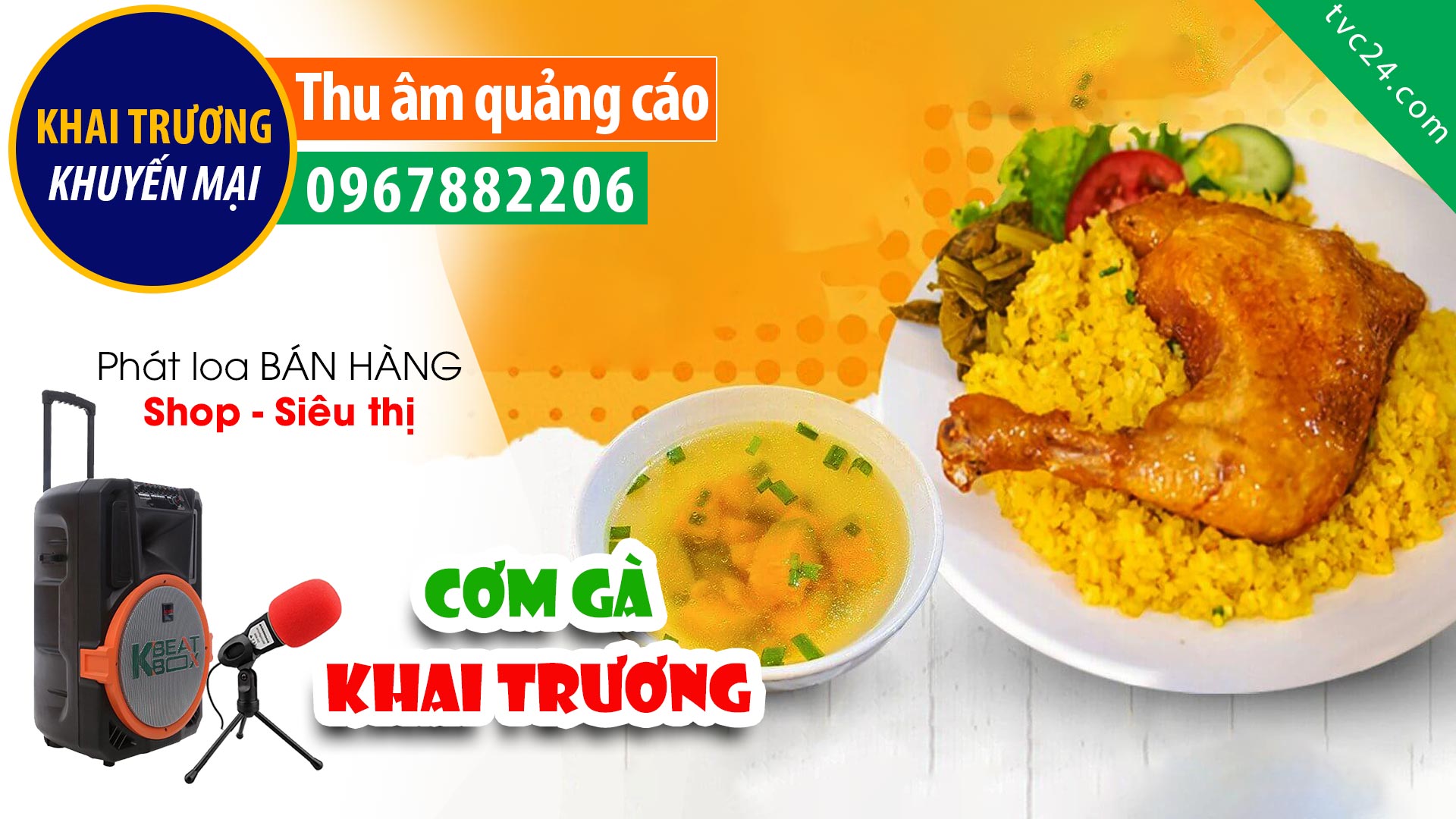 Thu âm Quảng cáo Khai trương Cơm gà xối mỡ Lân Hà MC đọc Khuyến mại giảm giá tặng Coca Cola