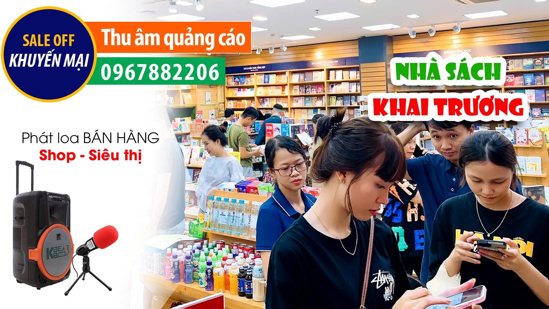 Thu âm Quảng cáo khai trương Nhà sách Huy Hương MC đọc khuyến mại