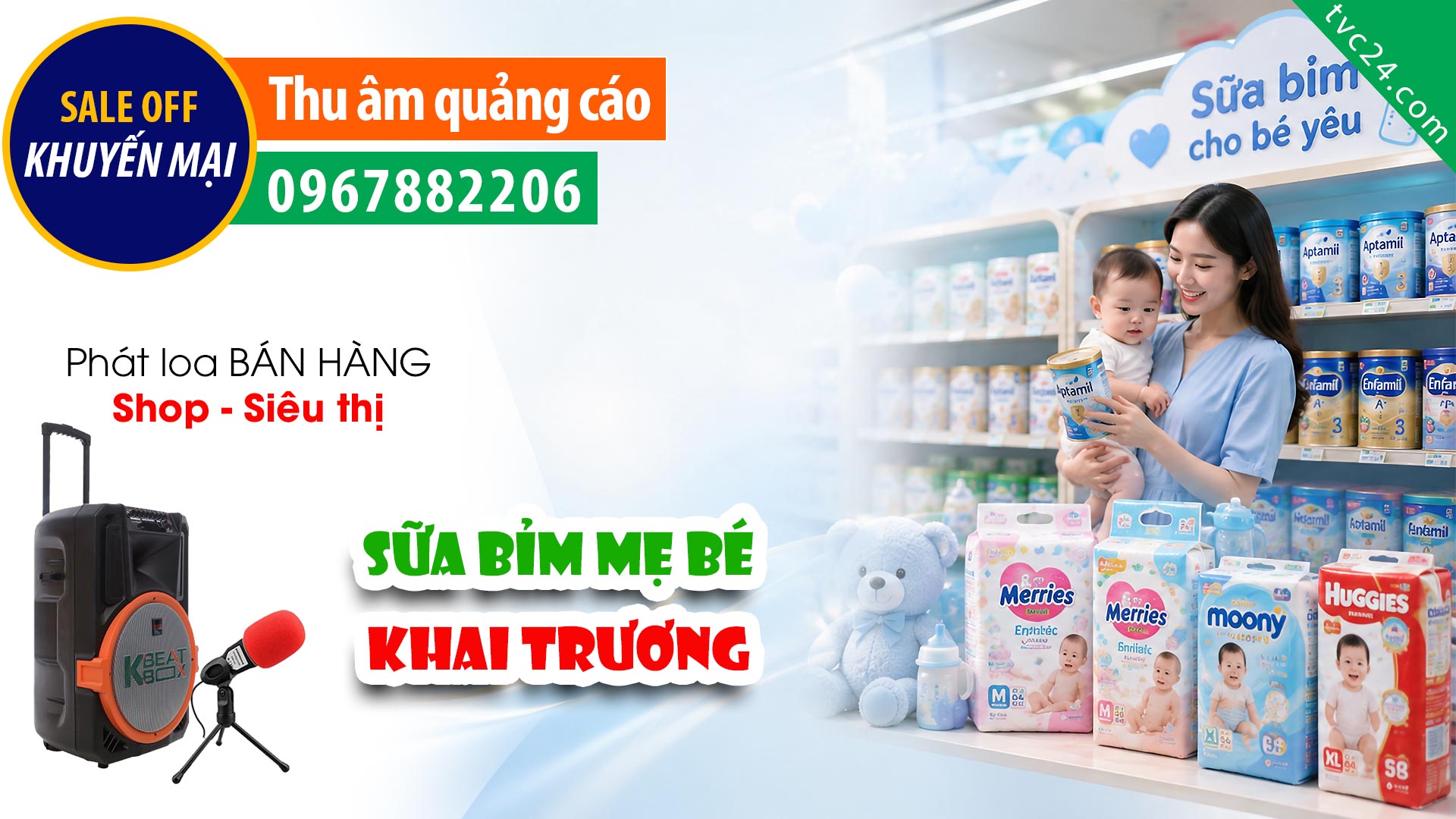 Thu âm Quảng cáo khai trương shop sữa bỉm đồ sơ sinh mẹ vé Tân Tân