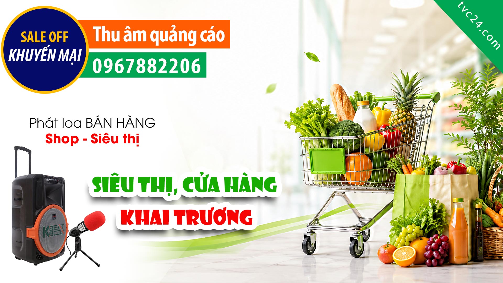  Thu âm quảng cáo khai trương siêu thị Bon 88 Mart TVC24 đọc khuyến mại giám giá phát thanh