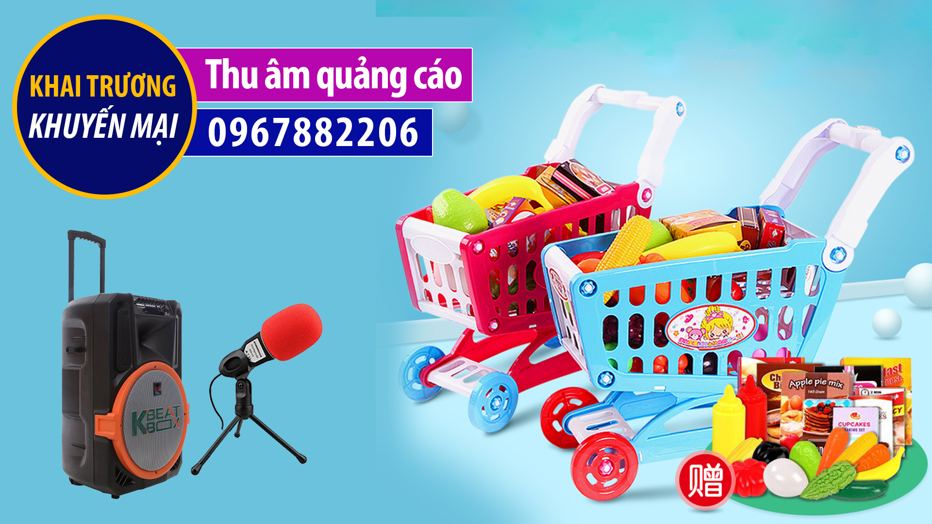 Thu âm Khai trương siêu thị đồ chơi trẻ em Binkids MC đọc quảng cáo phát loa 0967882206