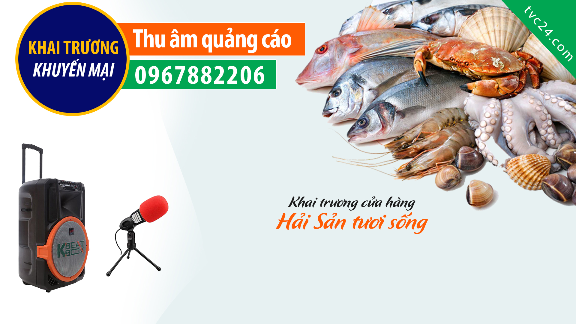 Thu âm quảng cáo của hàng hải sản Lê Ca MC đài VTV đọc khai trương khuyến mại