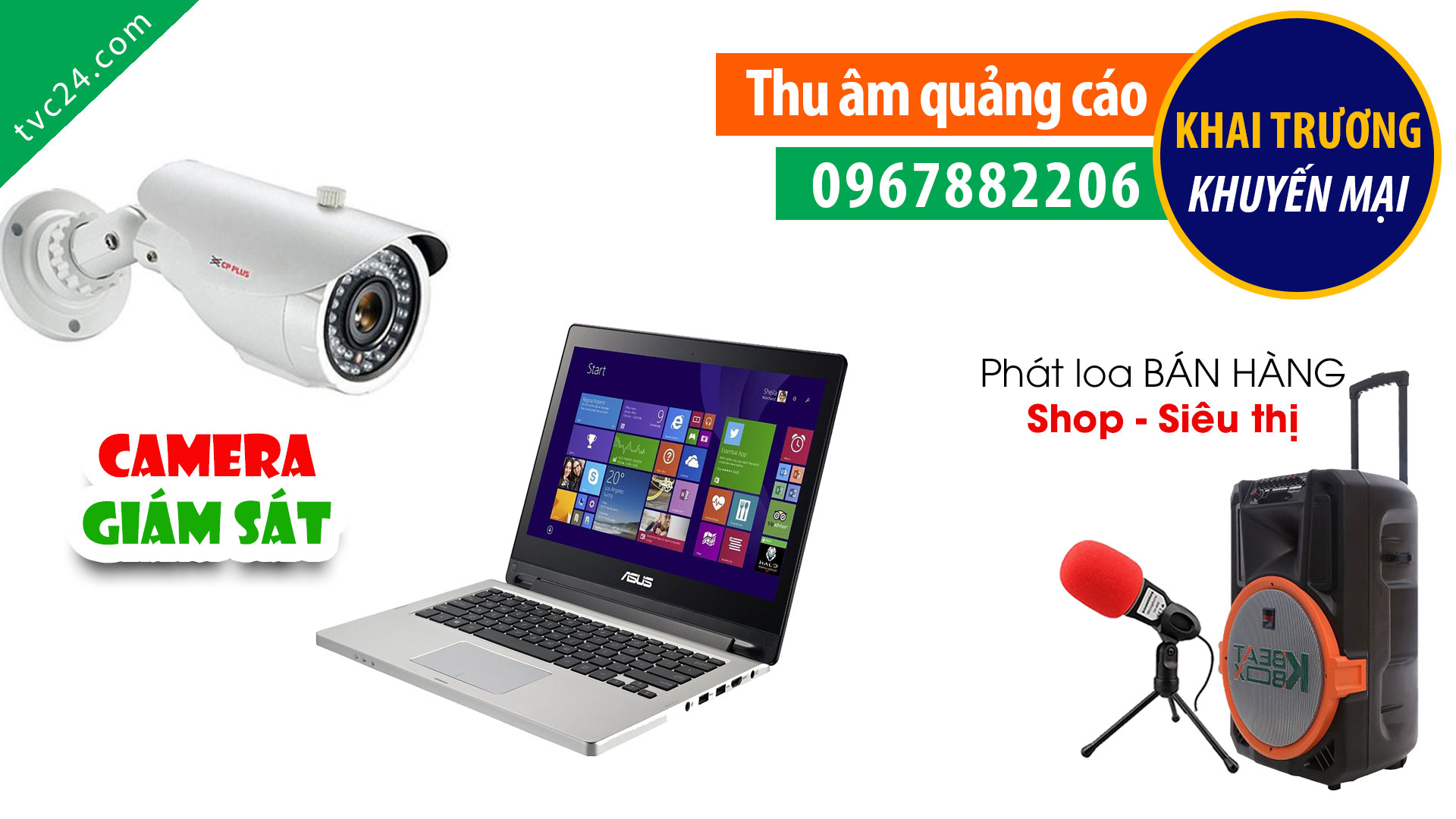 Thu âm quang cao cửa hàng camera máy tính Hồ Hoàng MC đọc khai trương khuyến mại