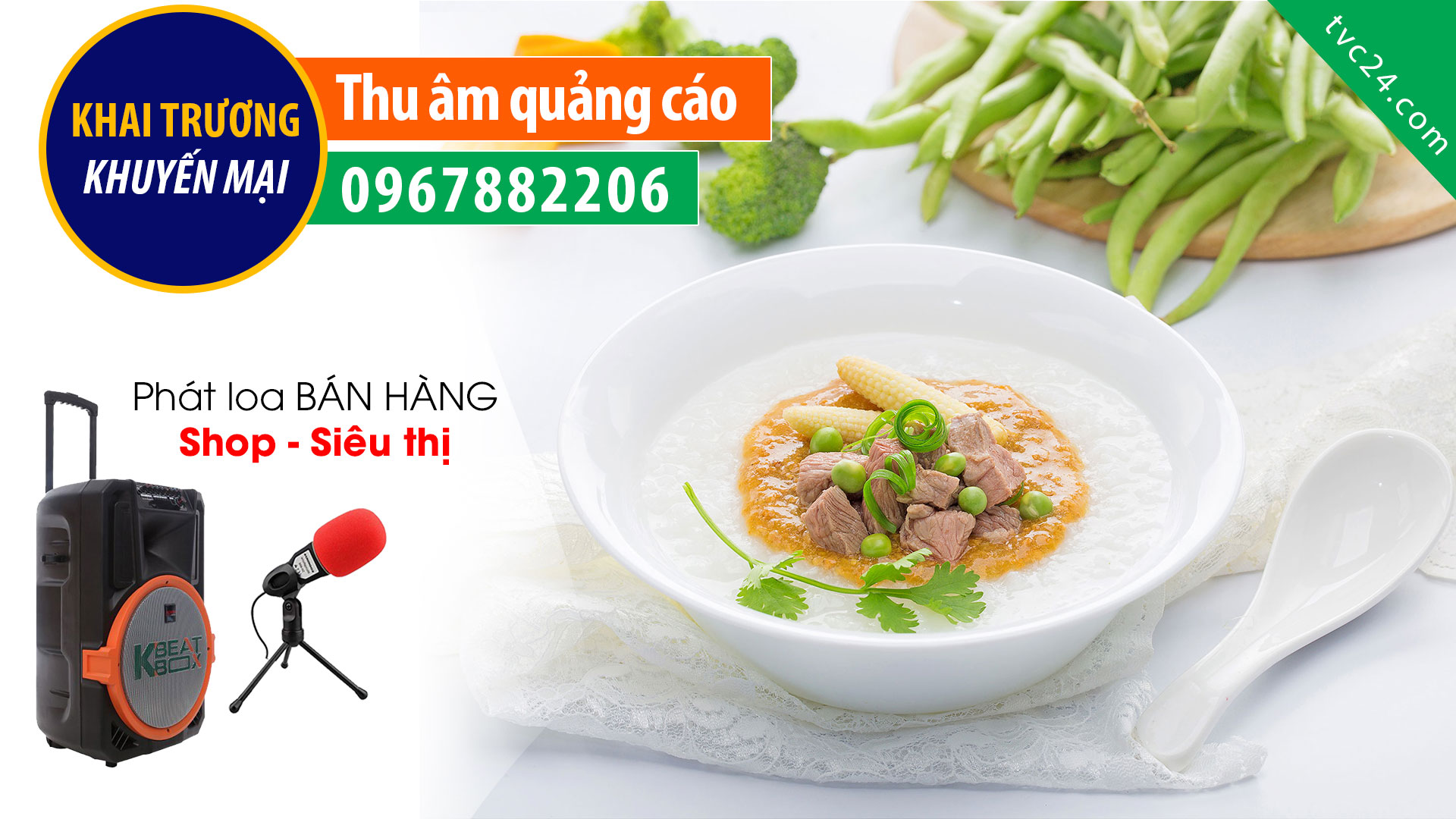 Thu âm quảng cáo khai trương Cửa hàng cháo dinh dưỡng Nhật Minh MC đọc khuyến mại giảm giá