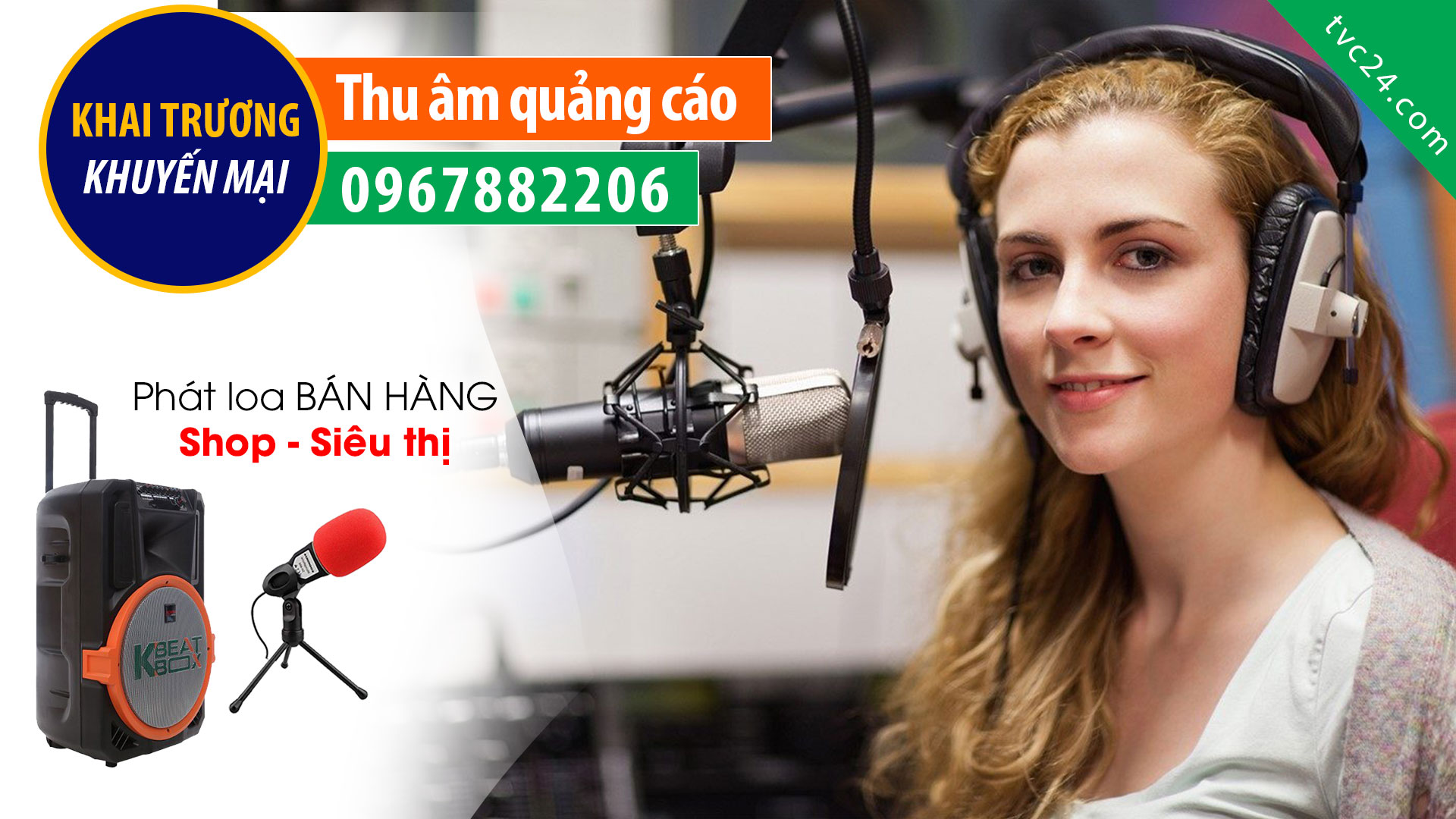 Thu âm quảng cáo khai trương SIêu thị Ngọc Khánh MC đọc phát loa khuyến mại