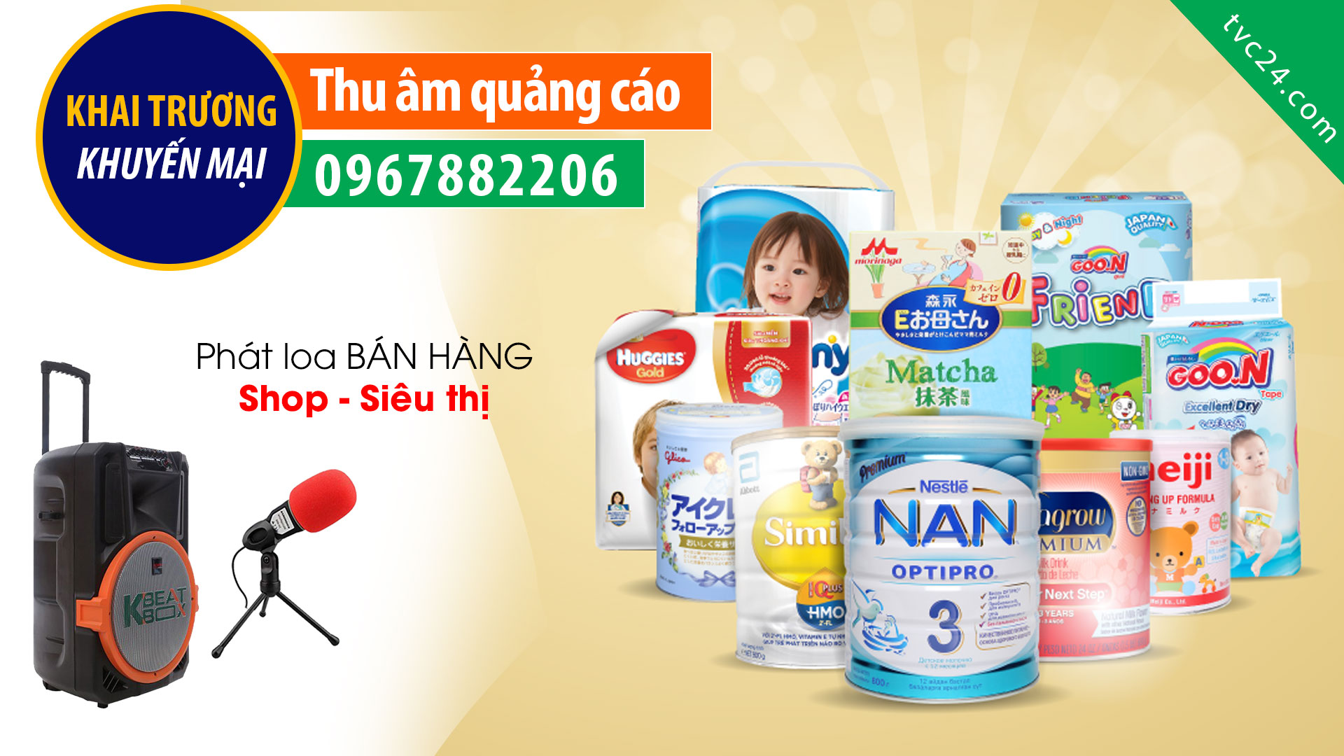 Thu âm quảng cáo khai trương siêu thị Mẹ và bé Bee mart MC đọc khuyến mại GIẢM GIÁ