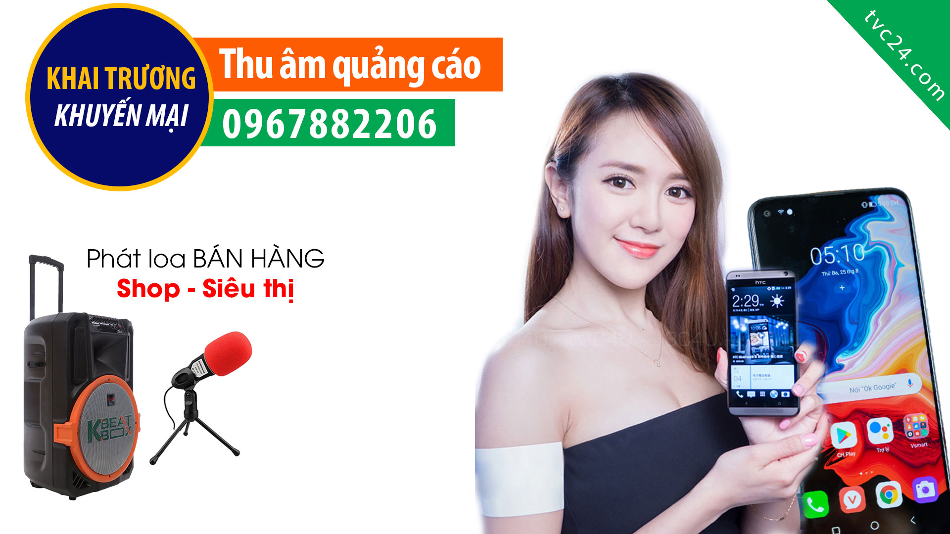 Thu âm quảng cái KHAI TRƯƠNG cửa hàng Phúc Quyên smartphone MC đọc khuyến mại