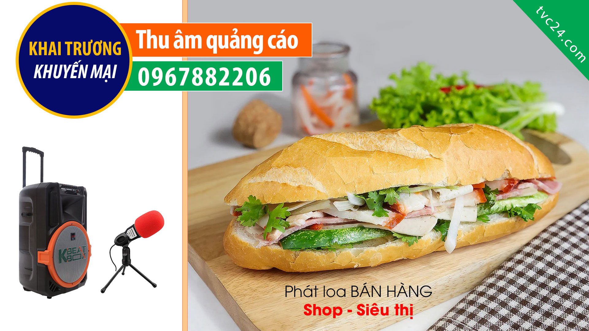Thu âm Steerpood Gà rán bánh mỳ Tuấn Béo TVC24 đọc lời bình phát loa bán hàng khuyến mại