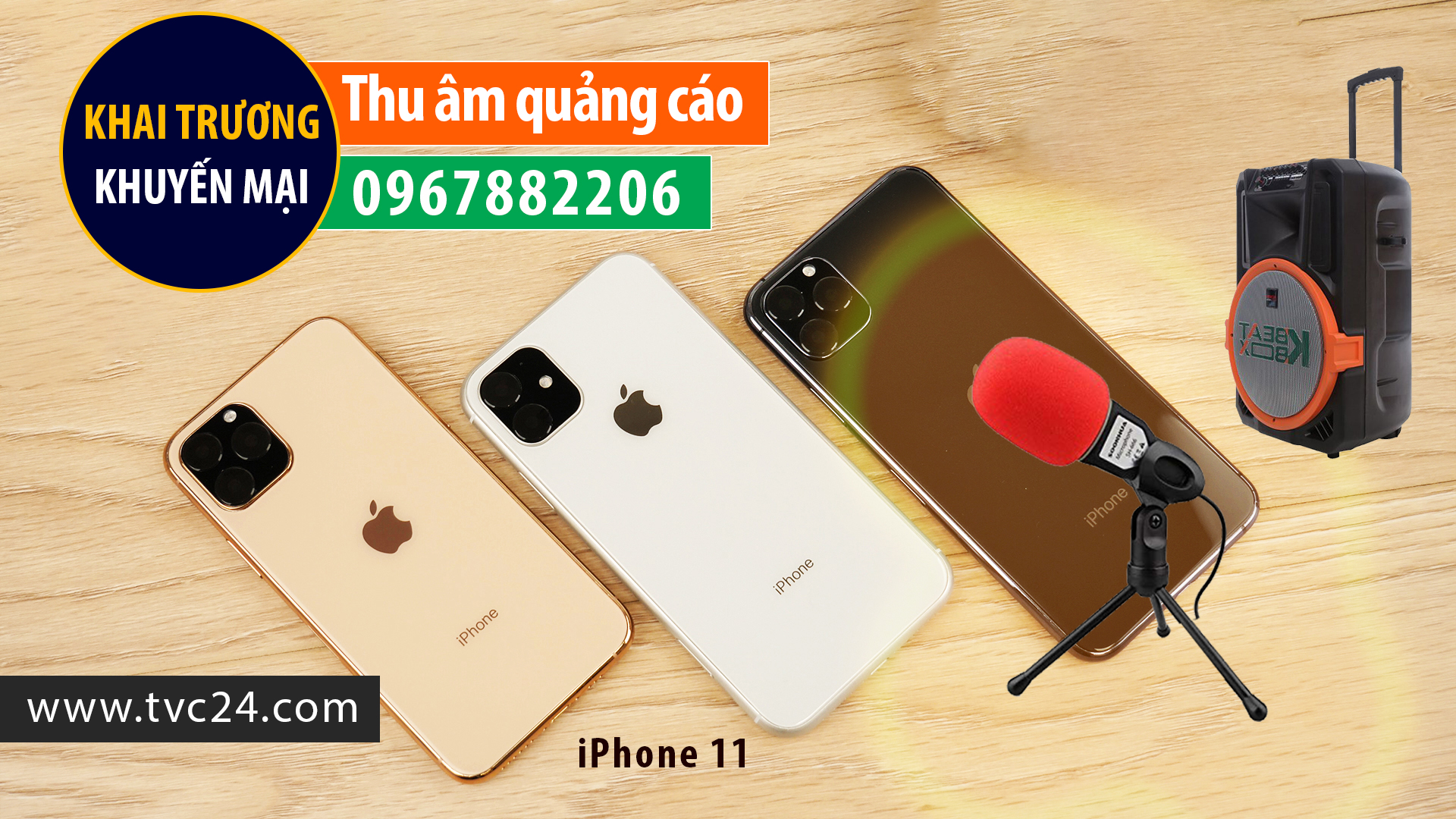 Ghi âm quảng cáo khai trương khuyến mại mua iPhone 11 tặng tai nghe bluetooth