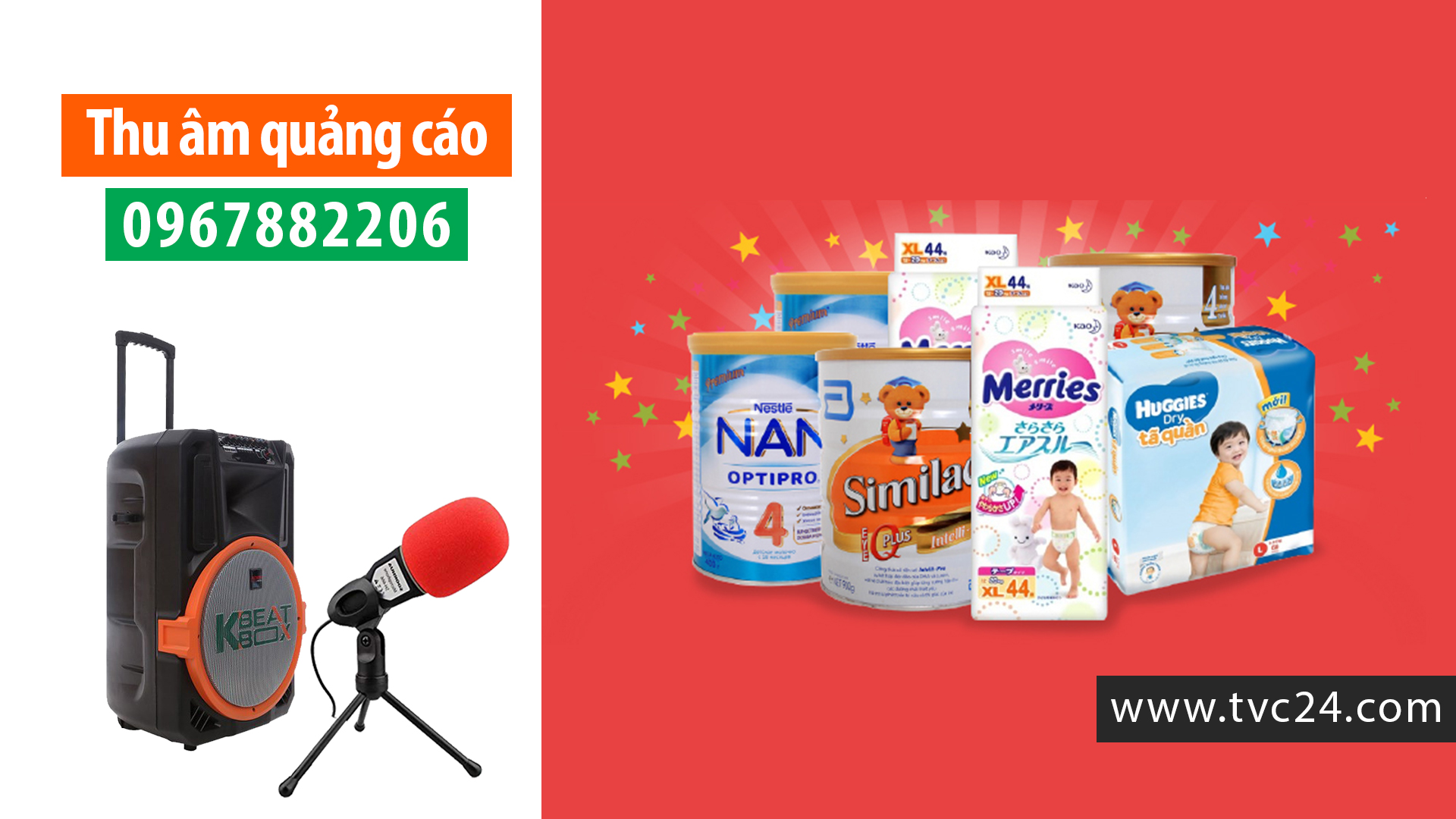Thu âm khai trương khuyến mại Shop sữa Quân Hương TVC24 ghi âm quảng cáo phát loa