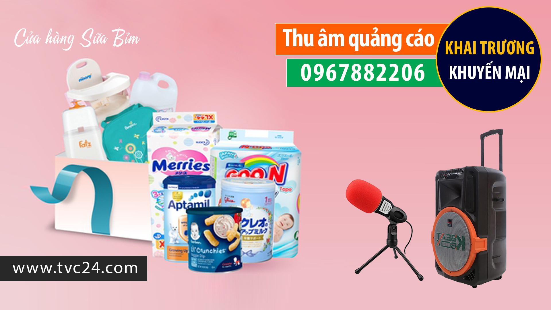 Ghi âm khai trương cửa hàng Bỉm Sữa Đức Huyền TVC24 thu âm quảng cáo