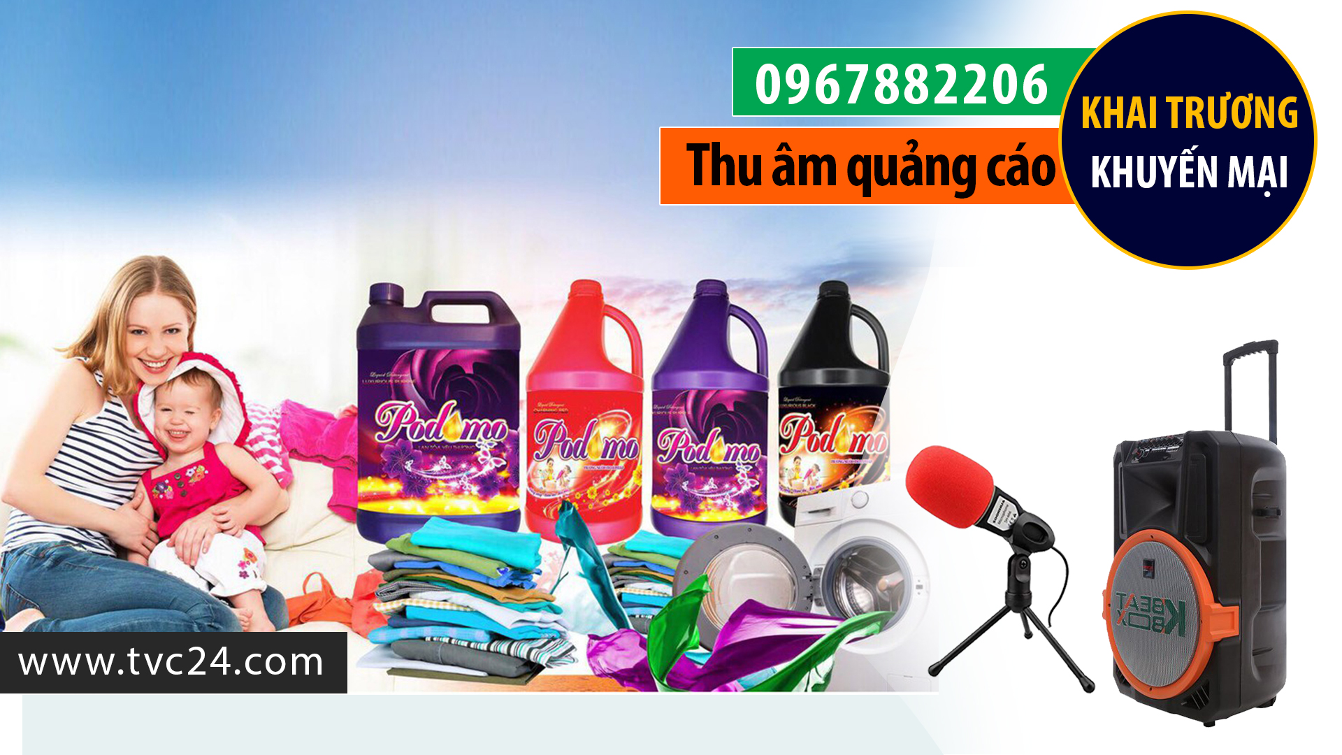 Thu âm quảng cáo nước giặt xả Podomo phát loa gian hàng hội chợ
