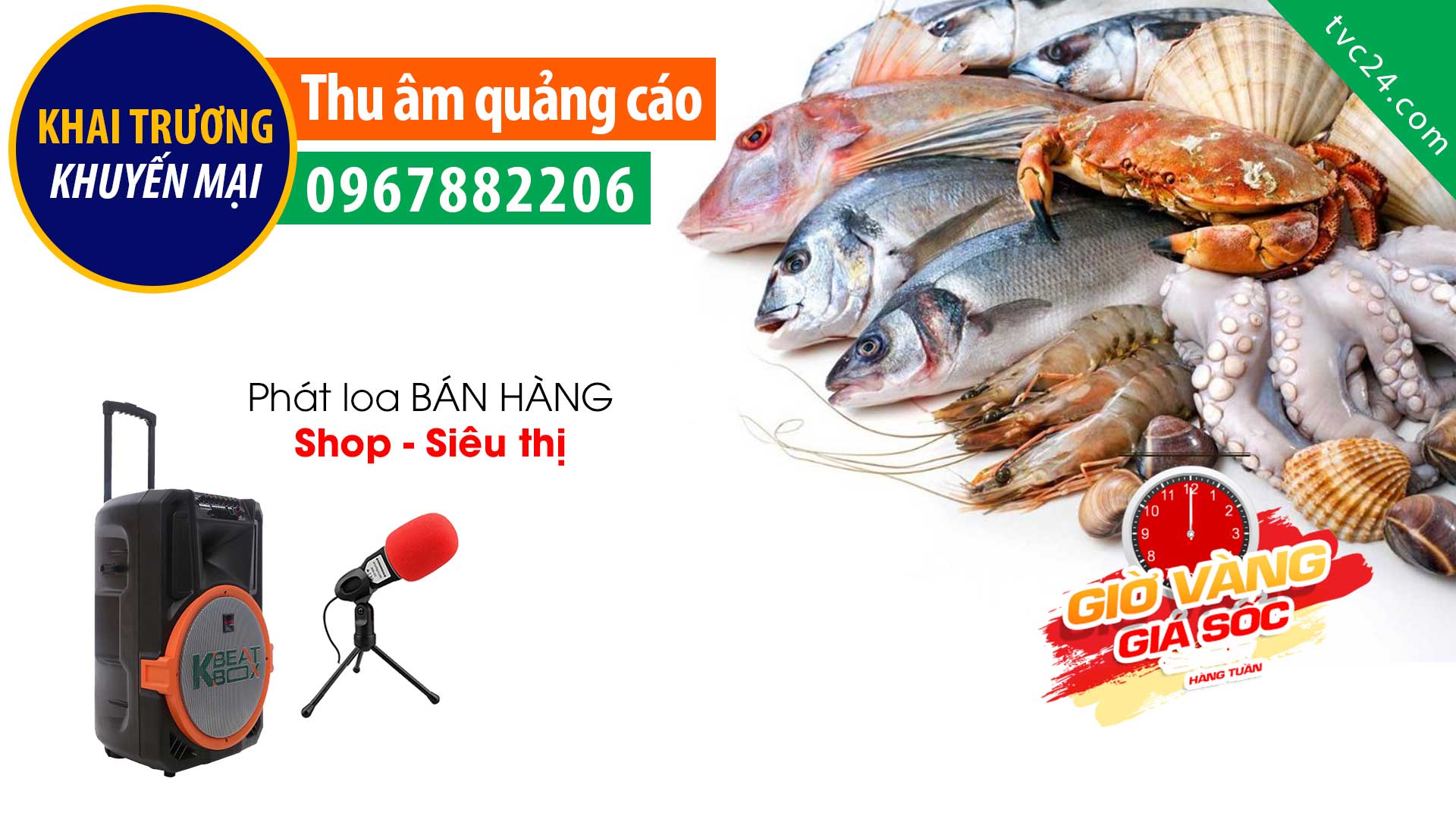 Thu âm quảng cáo khai trương cửa hàng Hải sản Nguyễn Gia MC nữ phát loa