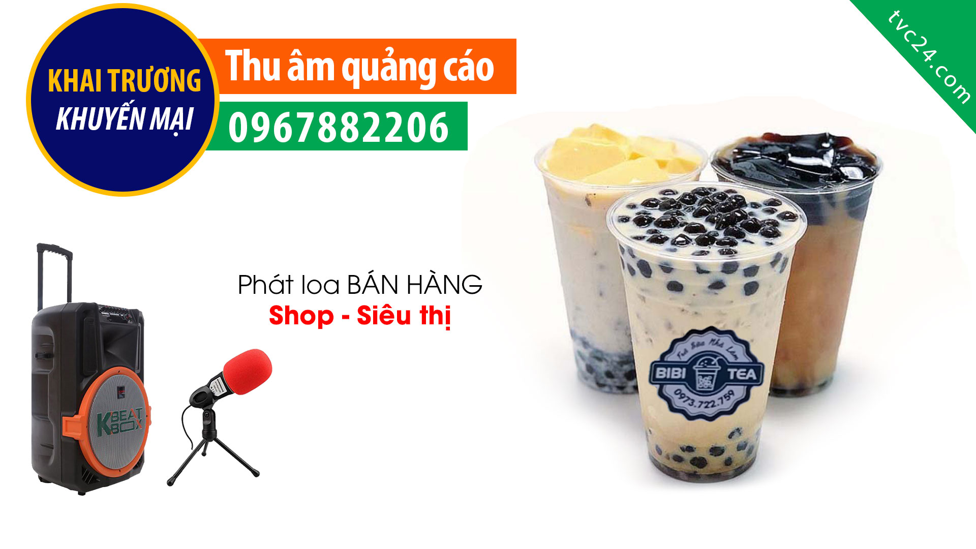 Thu âm quảng cáo Trà Sữa Nhà Làm BiBi Tea MC đọc lời bình phát loa khuyến mại