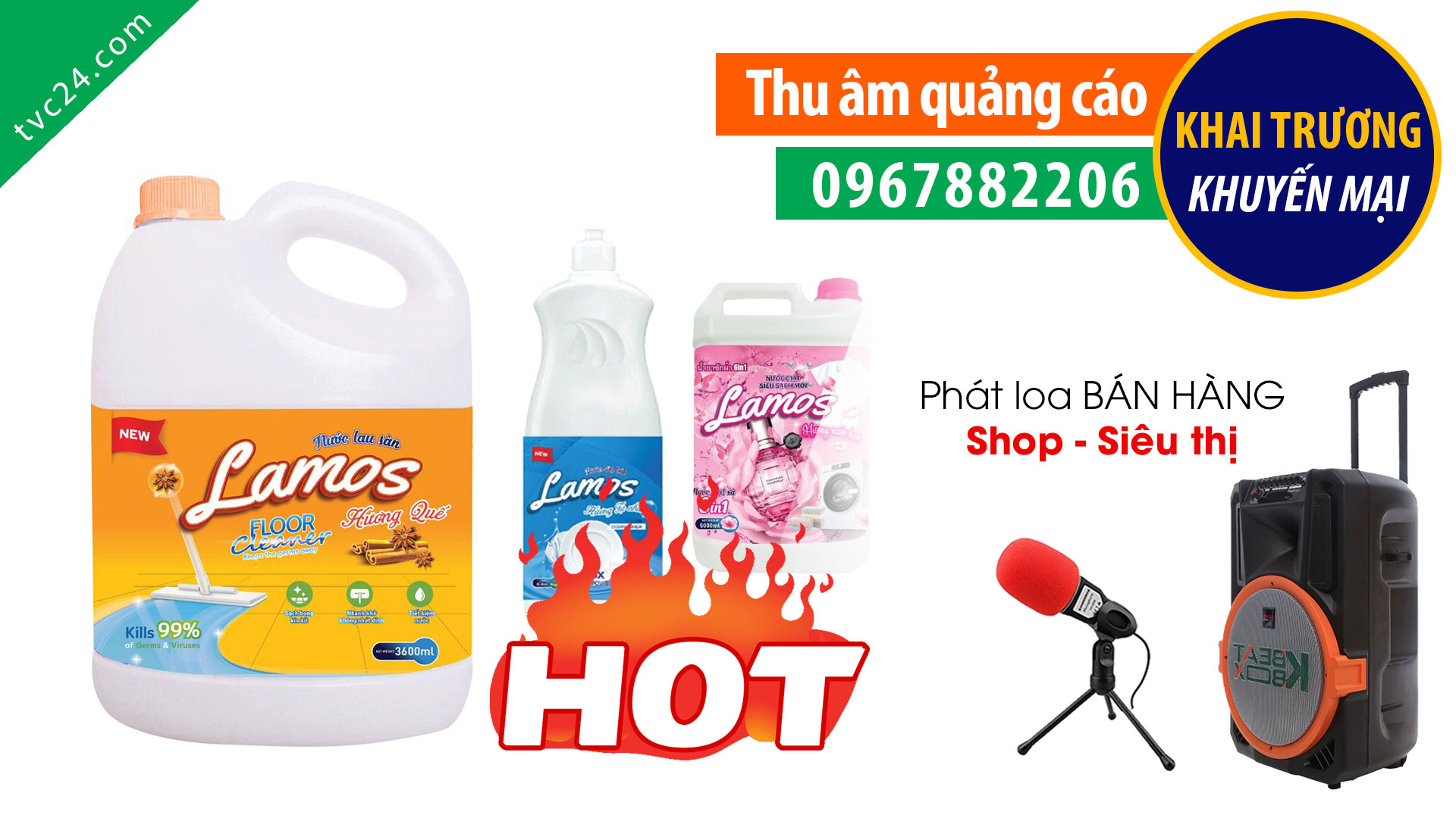 Thu âm quảng cáo nước giặt Lamos MC đọc khuyến mại khai trương phát loa bán hàng